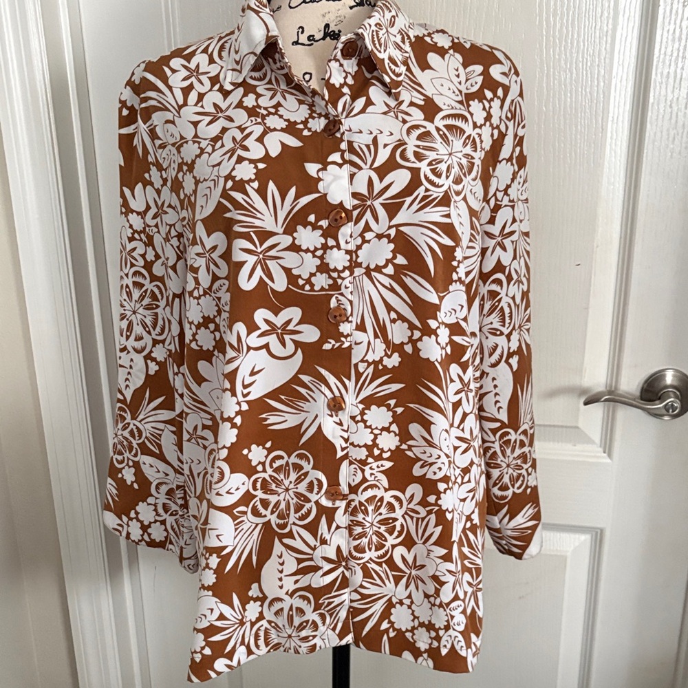 Susan Graver Style Floral Button-Up Shirt in Brown and White.